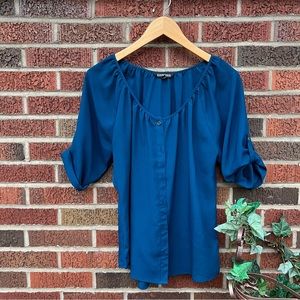 Express Blue Boat Neck Button Down Cuffed Sleeve Blouse